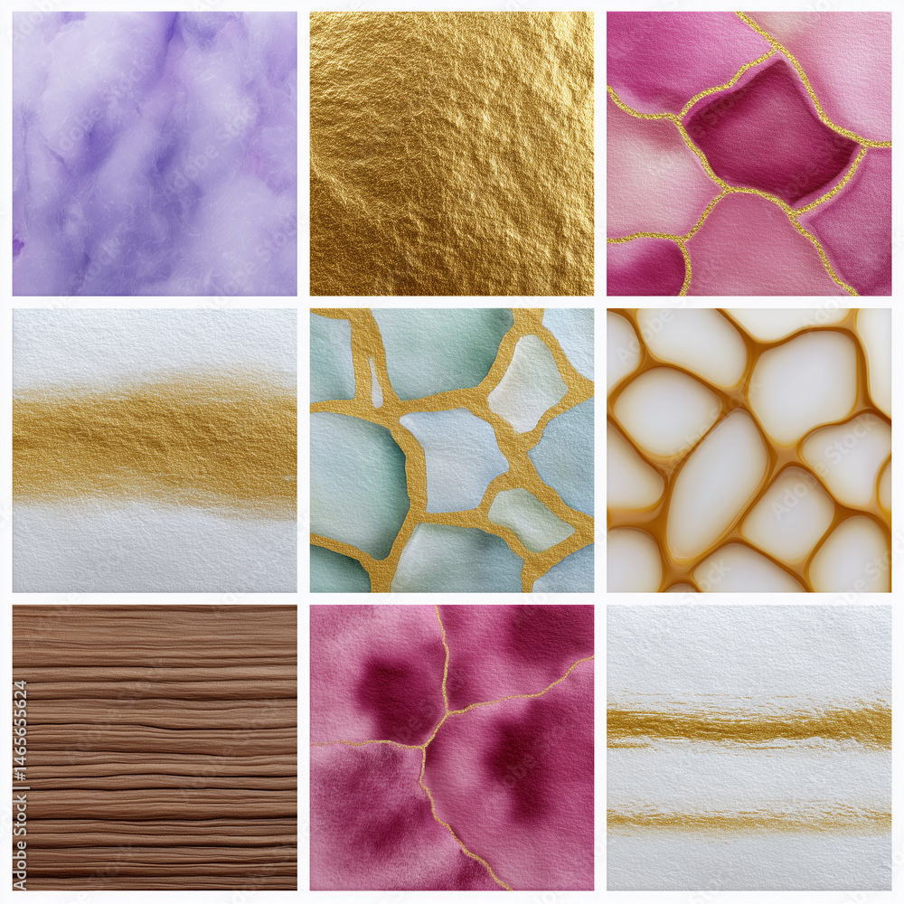 The image is a collage of nine different patterns, each with a unique texture