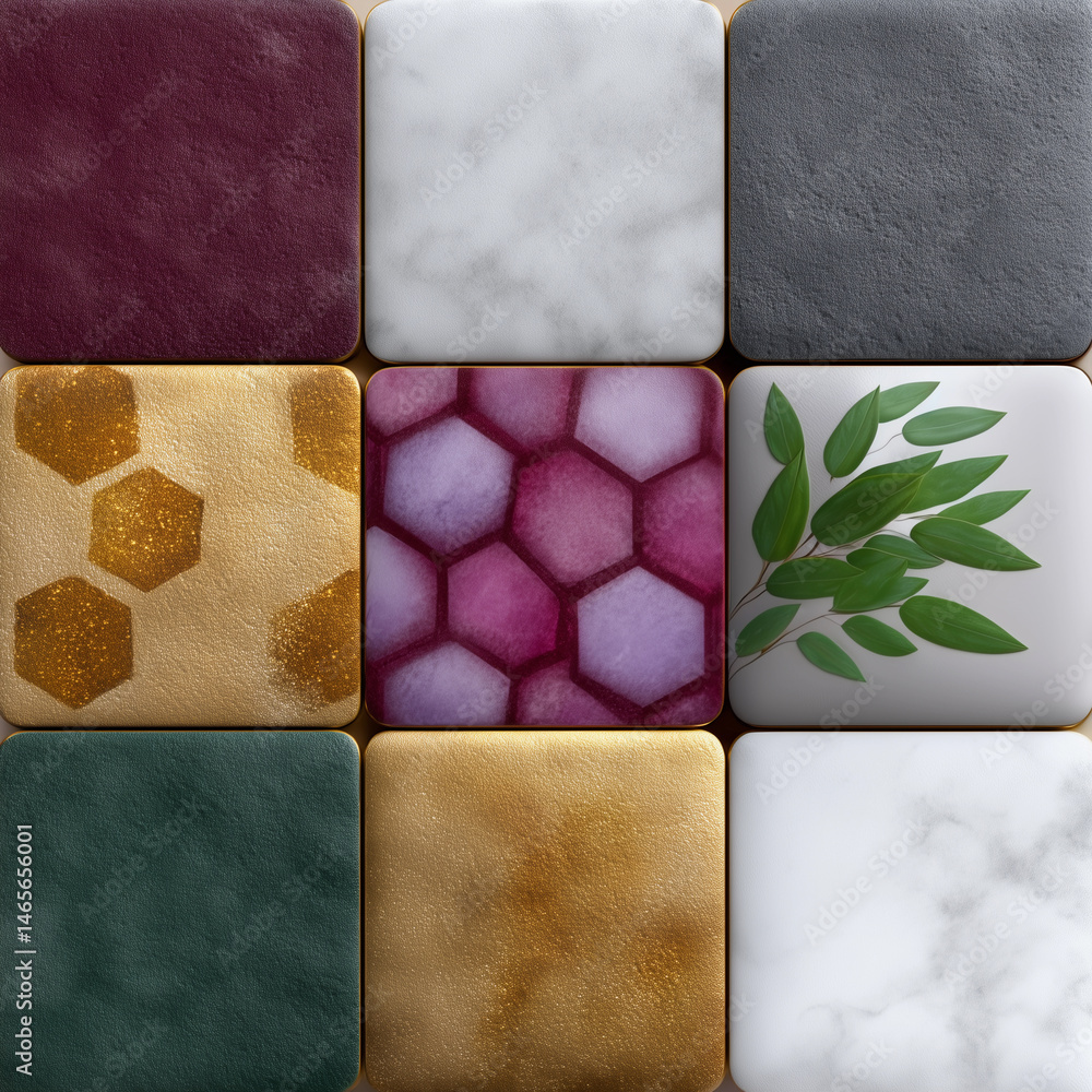 A mosaic of squares with a leaf on one of them