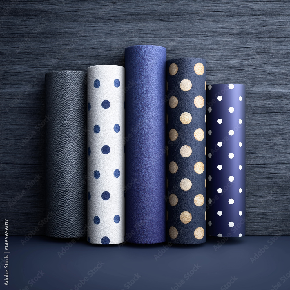 A row of blue and white polka dot rolls are stacked on top of each other