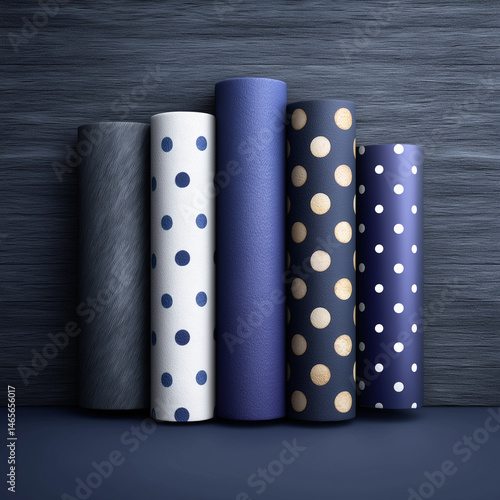 Obraz na płótnie A row of blue and white polka dot rolls are stacked on top of each other w salonie