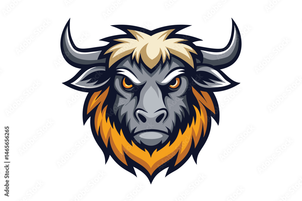 Fototapeta premium Fierce bull head looks ahead with intimidating yellow eyes and golden fur