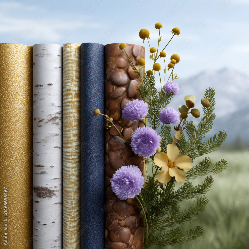 A row of colorful rolls of wallpaper with a vase of flowers in the middle