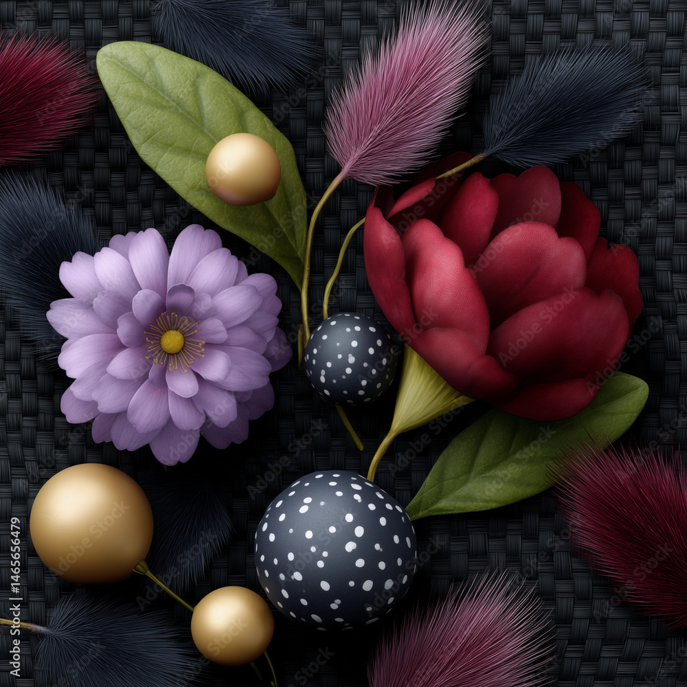 A black and white floral arrangement with a gold and black ball in the center