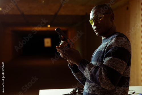 Obraz na płótnie Portrait of man in shooting range trying out new gun model before committing to purchase. African american person in indoor firing range learning how to operate new weapon safely w salonie