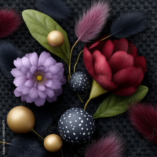 Obraz na płótnie A black and white floral arrangement with a gold and black ball in the center w salonie