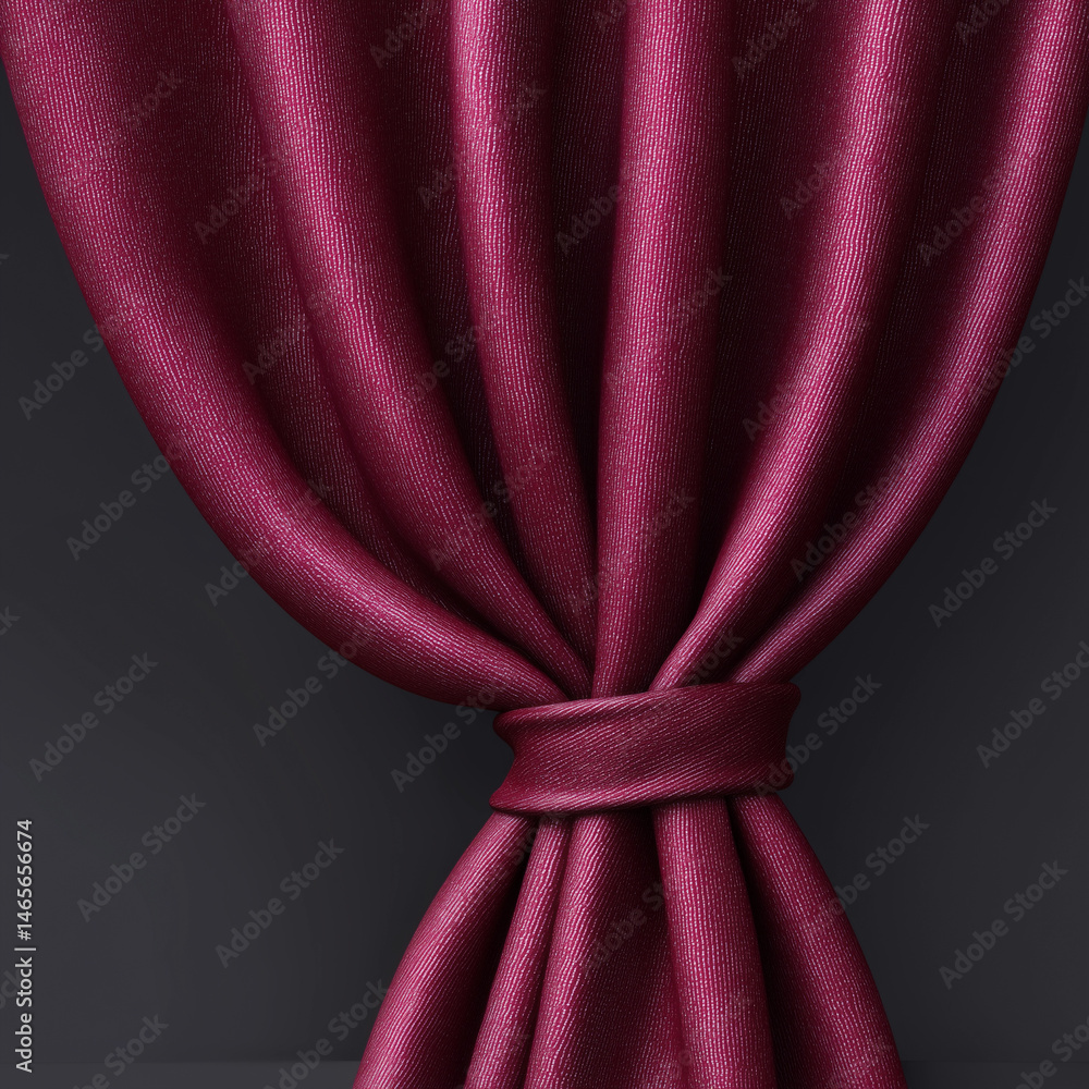 A curtain with a purple fabric and a gold tie