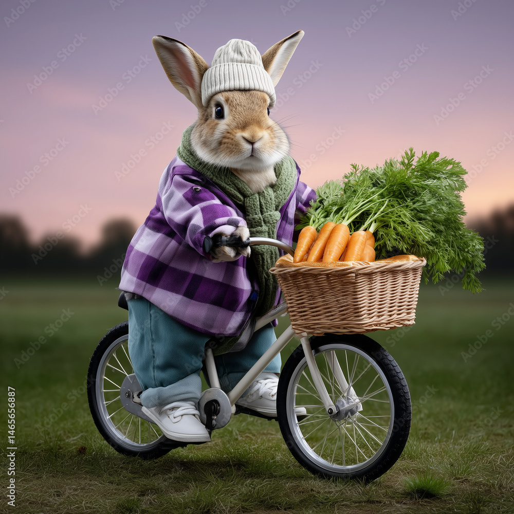 A rabbit is riding a bicycle with a basket full of carrots