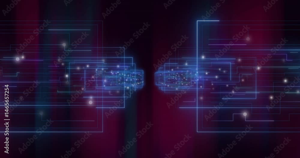 Neon blue circuit lines glowing and connecting nodes across dark purple-red gradient Neon blue circuit lines glowing and connecting nodes across dark purple-red gradient