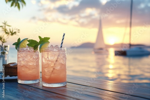 Two summer cocktails with a sea view at sunset for vacation and tourism use cases.