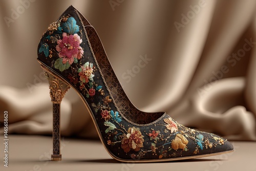 Elegant embroidered high-heeled pump with gold heel and floral design on neutral background