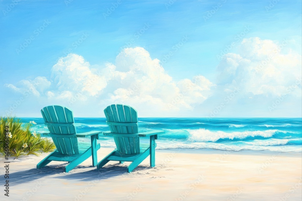 Two beach chairs facing the ocean under a cloudy sky for travel, vacation, and relaxation concepts. Two beach chairs facing the ocean under a cloudy sky for travel, vacation, and relaxation concepts.