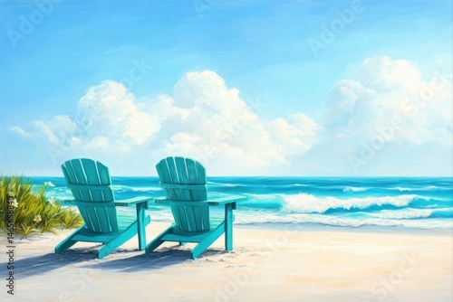 Two beach chairs facing the ocean under a cloudy sky for travel  vacation  and relaxation concepts.