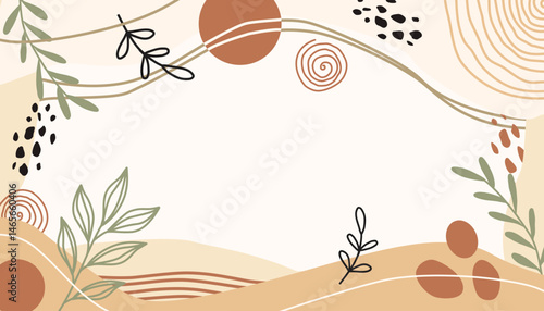 Colorful poster design. Banner frame background. Plant branches, abstract shapes in natural tones. Art print for natural products, wellness, beauty, wedding, fashion and natural products, wellness