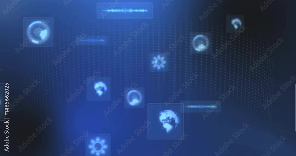 Data interface floating over grid, showing globe and gear icons, progress rings and waveform bars Data interface floating over grid, showing globe and gear icons, progress rings and waveform bars