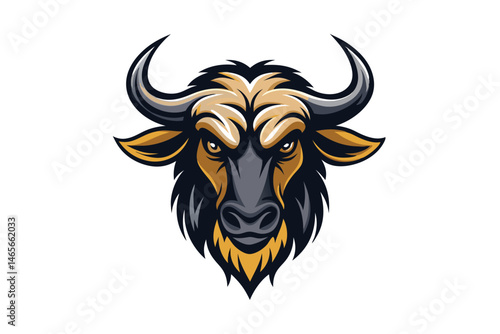 Fierce cartoon wildebeest head displays formidable horns and an intense, determined expression