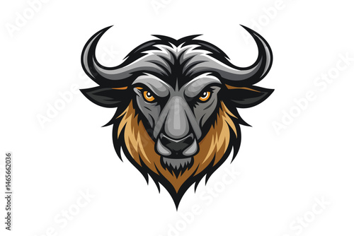 Illustrated grey gnu head fiercely stares with sharp horns against the white background