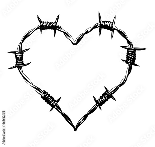 Barbed wire heart black and white illustration. A symbol of pain, suffering and love that hurts. The concept of a broken heart, emotional isolation or inner struggle.