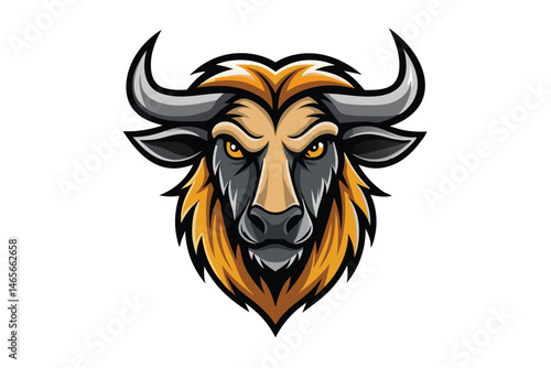 Wildebeest gazes fiercely with prominent horns and striking yellow eyes on a plain backdrop