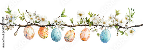 Easter branch garland with hanging colorful eggs and white spring flowers, watercolor illustration isolated on transparent background. Easter traditional decoration concept. PNG, cutout.