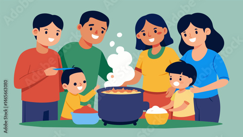 A family gathered around a large pot of steaming rice and beans eagerly waiting for their share of the delicious meal.. Vector illustration