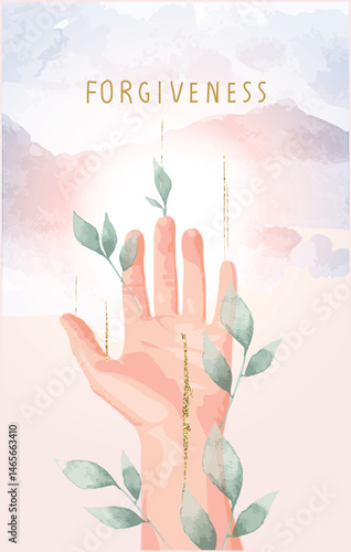 Vector illustration of open palm with a green leaves plants. Forgiveness, open your heart, create love, do good deeds, good energy and karma. Thinking positive and feel happy.