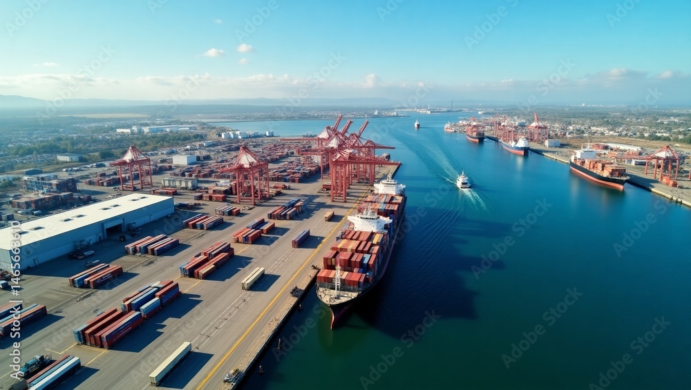 Obraz premium Port Aerial View of a Large Container Ship
