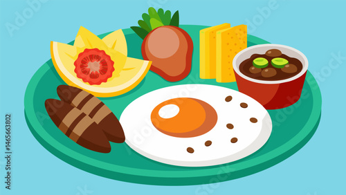 A celebratory breakfast dish gallo pinto is often enjoyed on special occasions served with fried eggs crispy bacon and a spread of tropical fruits.. Vector illustration