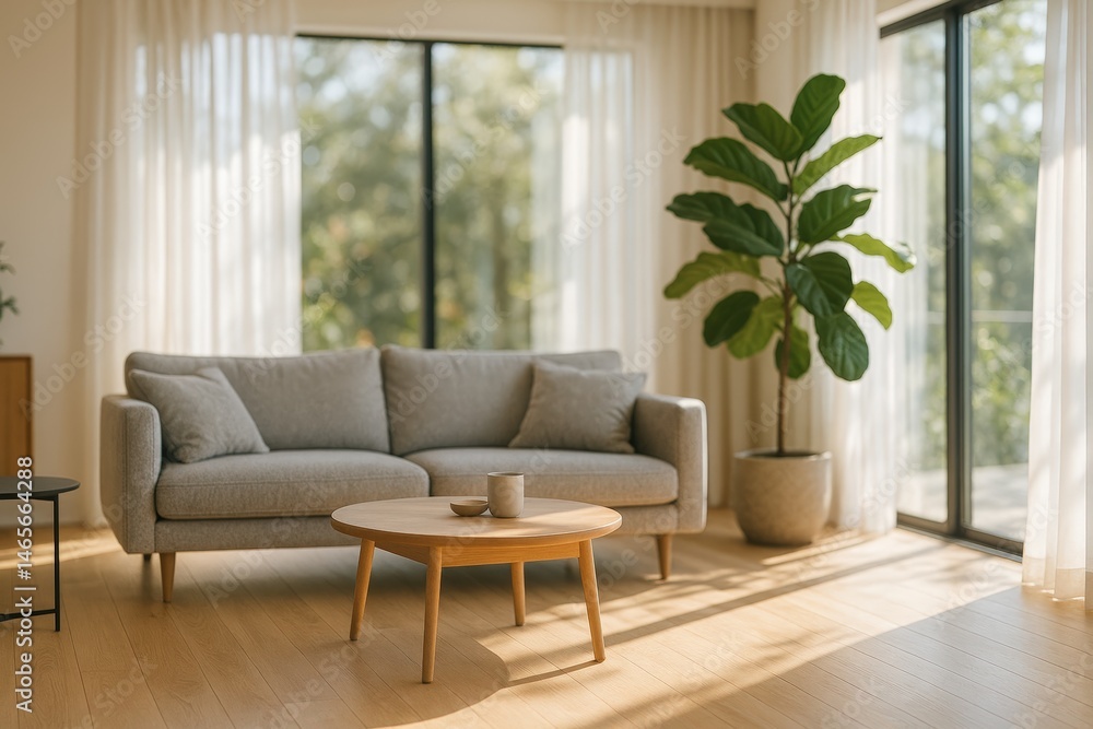 Sunlit modern living room with minimalist decor and cozy ambiance Sunlit modern living room with minimalist decor and cozy ambiance
