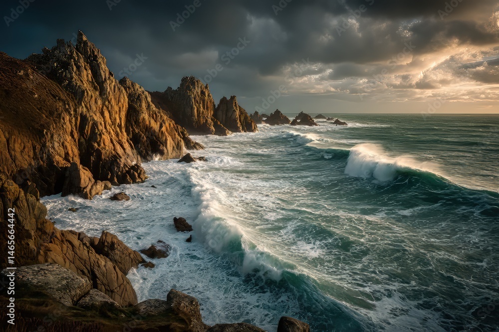 Obraz premium Rugged golden-brown cliffs and turbulent sea with crashing waves under overcast sky