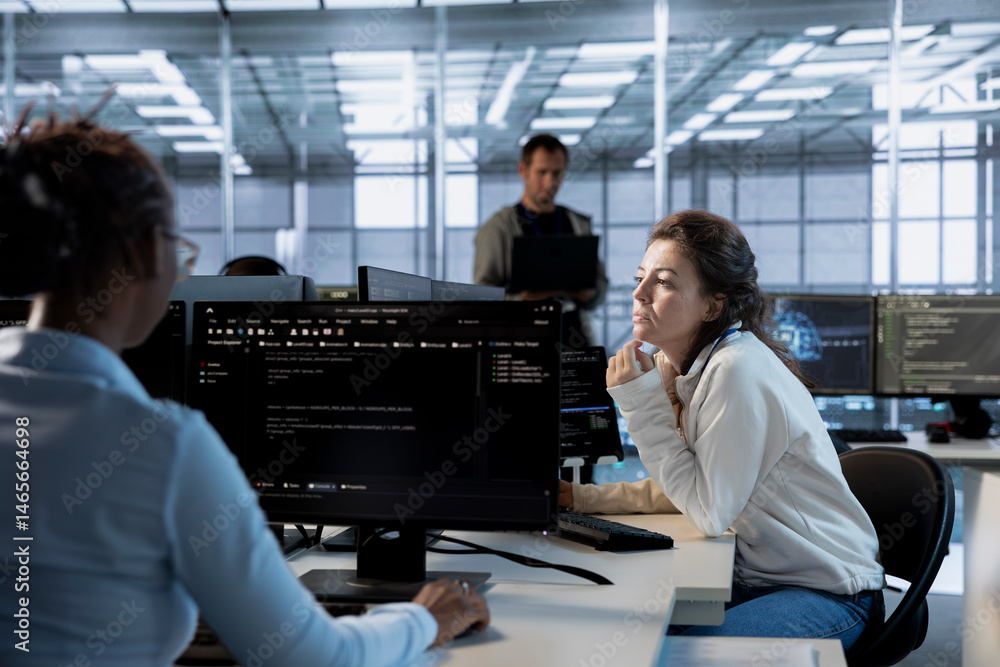Data center computer scientist developing disaster recovery plans ensuring minimal downtime. Server room employee uses data analytics to monitor performance and predict future infrastructure needs