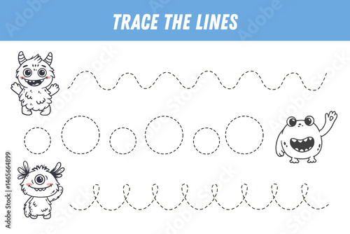 Tracing lines for kids. Cute cartoon monsters. Handwriting practice. Educational game for preschool kids. Activity page. Vector 