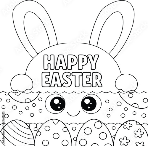 Happy Easter Bunny and Decorated Eggs Outline Illustration 