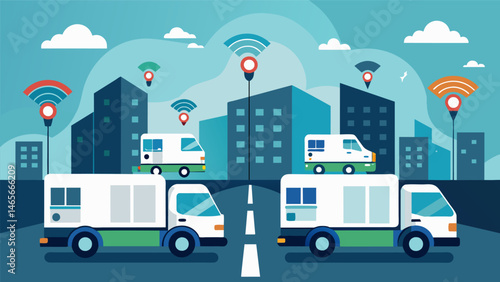 A fleet of autonomous delivery trucks equipped with sensors and realtime data analysis to optimize delivery routes.. Vector illustration