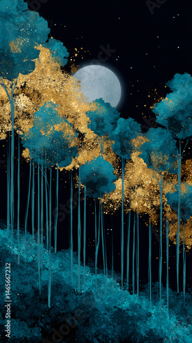Whimsical forest of teal and gold trees under moonlight. 