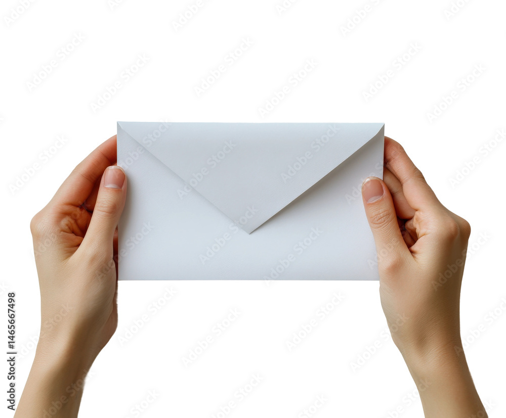 Fototapeta premium Hand holding envelope office desk document delivery view isolated on transparent background
