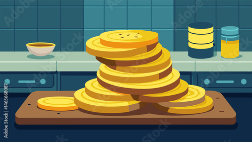 A stack of sliced plantains sits on the counter waiting to be fried and mashed into the perfect consistency for the mofongo.. Vector illustration