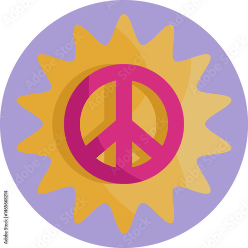 A vibrant, stylized sun representing peace and positive energy in hippie culture.