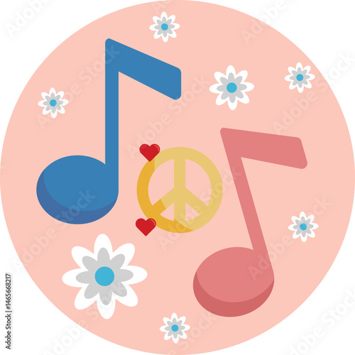 Symbolizes the connection between music and the hippie culture, often representing free-spirited expression and peace.