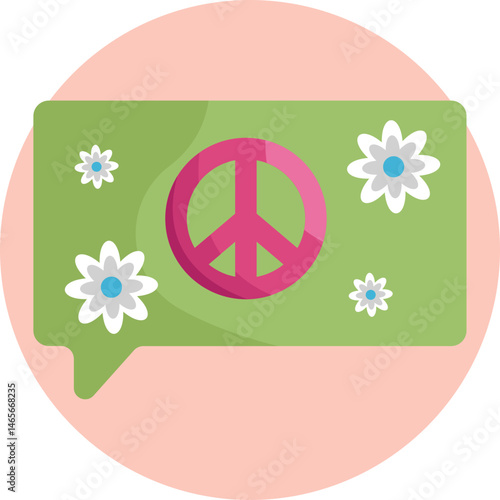 Speech bubble decorated with peace signs and floral patterns symbolizing free-spirited conversation.