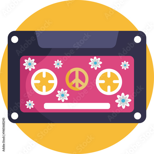 Audio cassette icon linked to psychedelic rock and folk music of the hippie movement.