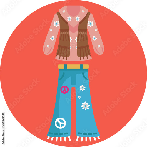 A colorful, bohemian-style outfit featuring loose-fitting garments, floral patterns, and fringe details, symbolizing the carefree hippie lifestyle.