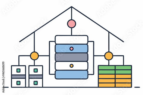 Vector illustration of modern data center architecture with servers and cloud technology integration showcasing efficient storage solutions and connectivity