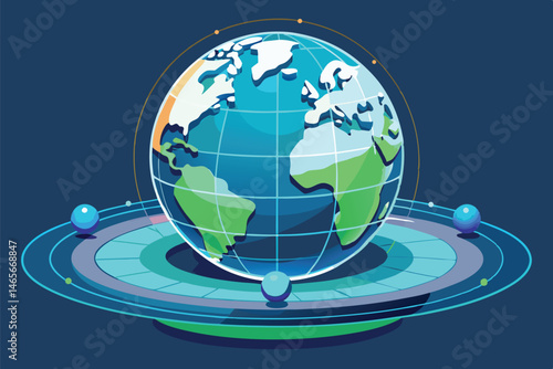 Detailed vector illustration of Earth with orbital rings and stars in the background, showcasing a vibrant blue and green planet in a cosmic setting