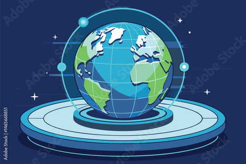 Detailed vector illustration of Earth with orbital rings and stars in the background, showcasing a vibrant blue and green planet in a cosmic setting
