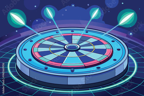 Vector illustration of a futuristic spinning roulette wheel with vibrant colors and glowing elements highlighted in a dark cosmic setting