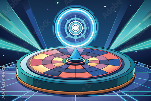 Vector illustration of a futuristic spinning roulette wheel with vibrant colors and glowing elements highlighted in a dark cosmic setting