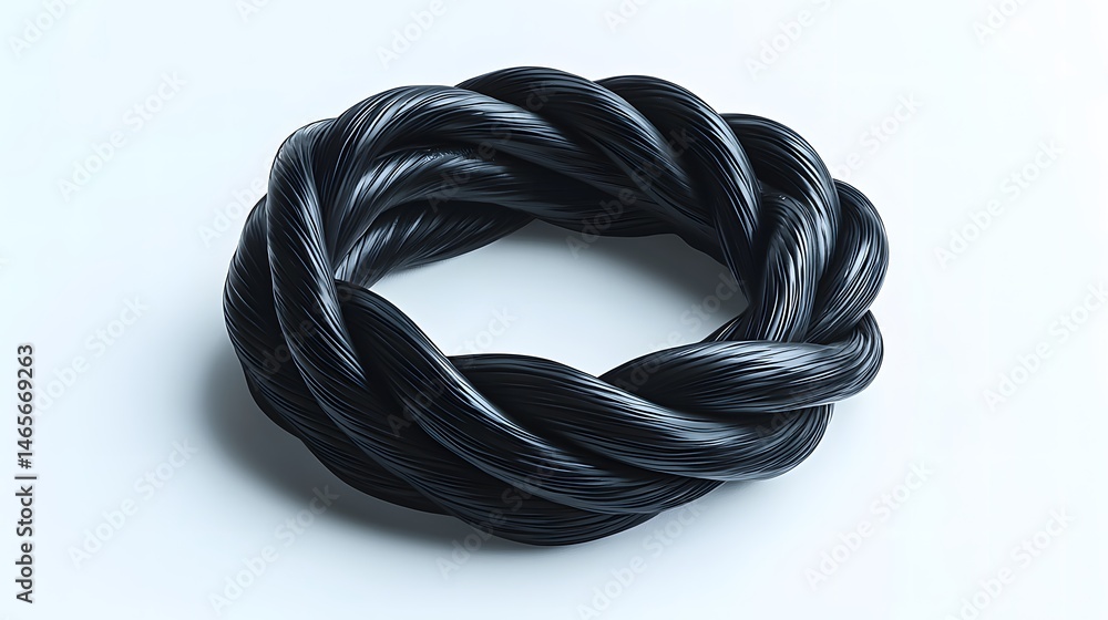 Dark braided cord forming a circular shape on light gray background with woven texture and organic form Dark braided cord forming a circular shape on light gray background with woven texture and organic form