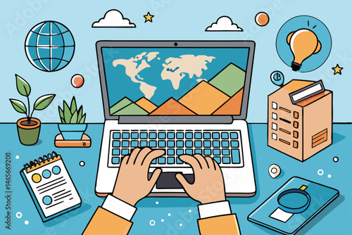 Vector illustration of a person working on a laptop with charts and graphs displayed, surrounded by office items and a potted plant in a modern workspace