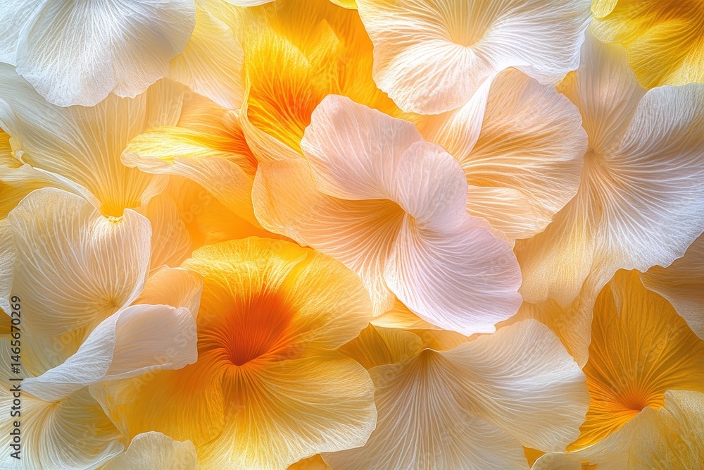 A close-up view of delicate flower petals in soft yellows and whites. A close-up view of delicate flower petals in soft yellows and whites.