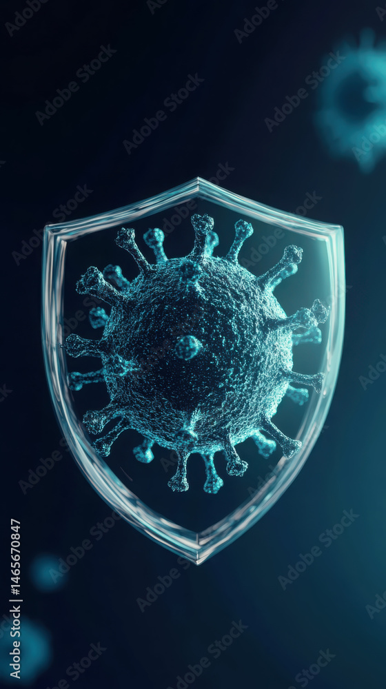 Fototapeta premium Virus particle encased in digital glow with protective shield for medical and science concepts
